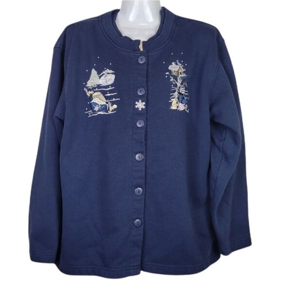 COTTAGE Cove Sweatshirt Button Cardigan Embroidery Winter Blue L - Picture 1 of 11